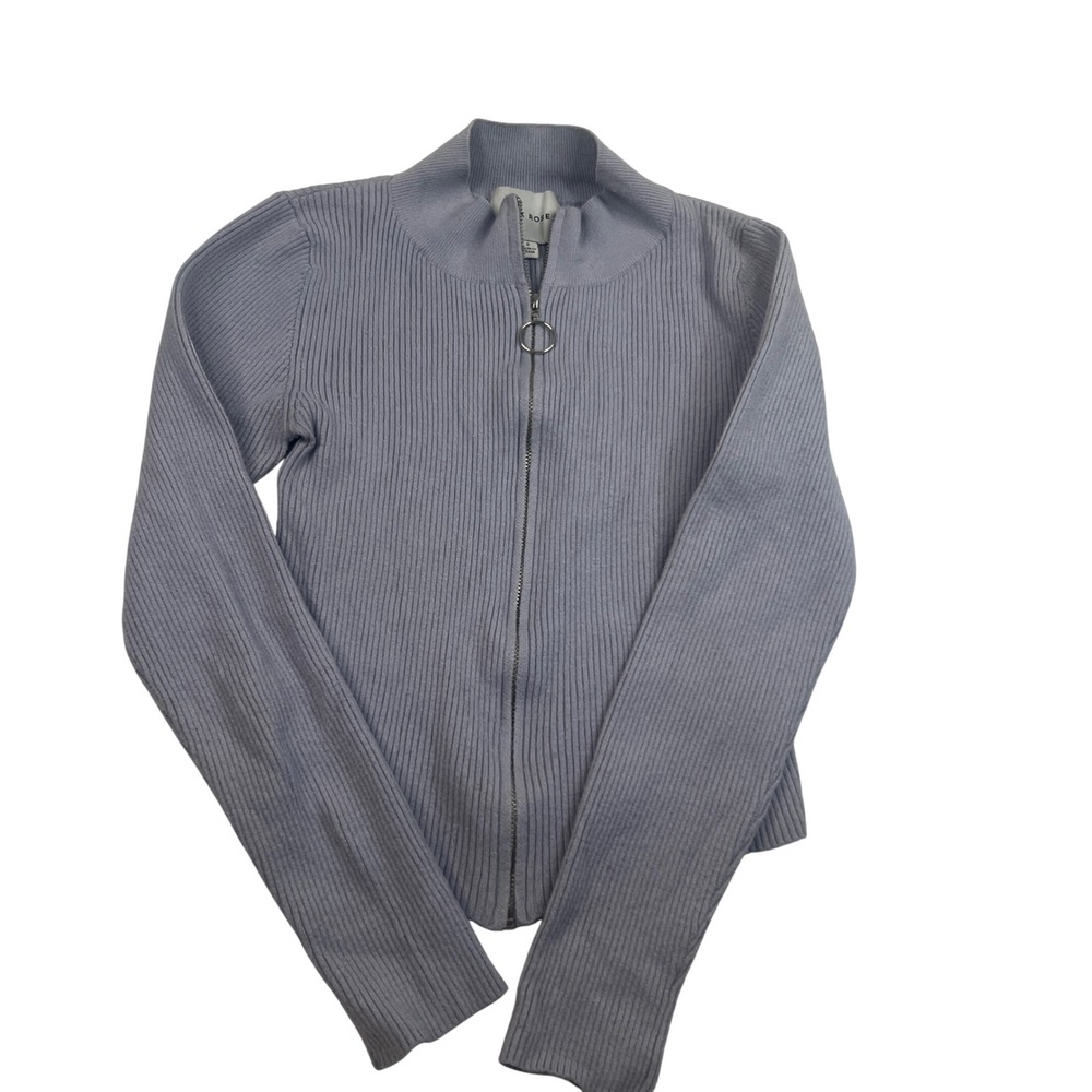 Pink Rose Lavender Ribbed Knit Full Zip Mock Neck Cardigan Sweater Small 2101350
